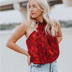 Veronica M Halter Top Red Snakeskin Print Size M